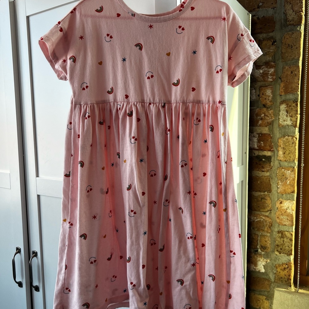 Girls size 6 pink long sleeve dress with rainbows, hearts, smiley faces.